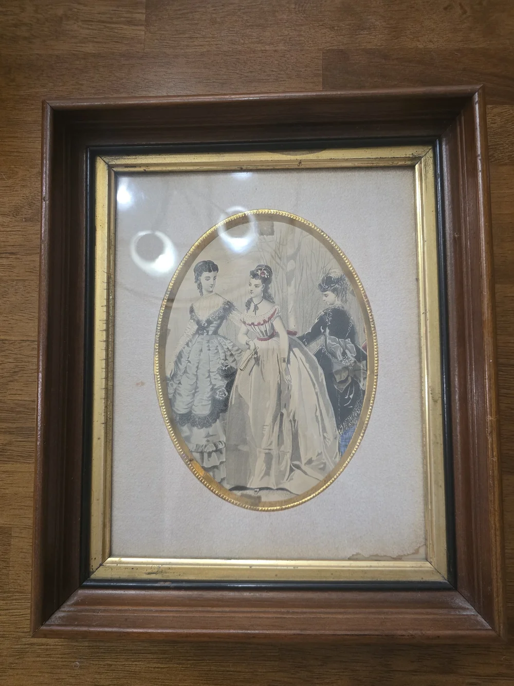 Antique Victorian French Fashion Plate Print - Framed Gilt & Dark Wood - Vintage